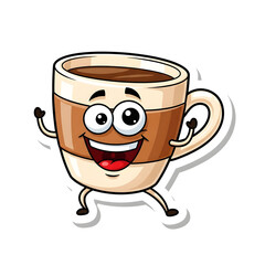 A cheerful cartoon coffee cup character with a happy face, arms, and legs, dancing or walking, depicted as a sticker on a white background.