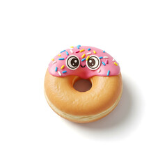 A close-up shot of a delicious pink frosted donut with sprinkles and a smiling face.