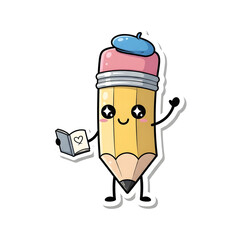 Cute pencil character with beret holding a notebook with a heart on it.
