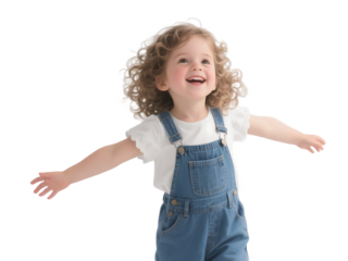A cheerful little girl with curly hair is spreading her arms, showing a happy and carefree expression.