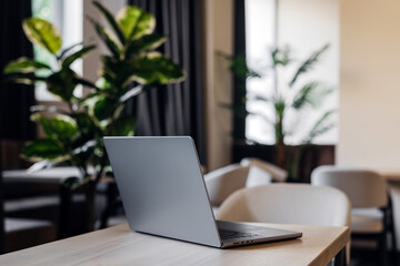 Modern laptop placed on a wooden table in a cozy workspace, surrounded by indoor plants, creating a serene atmosphere for productivity and creativity