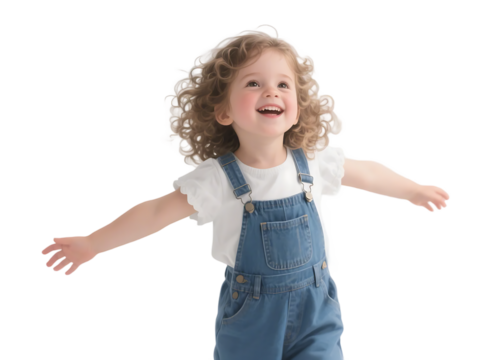 A cheerful little girl with curly hair is spreading her arms, showing a happy and carefree expression.