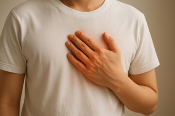 Depression and heart disease awareness Concept man touching chest showing heart disease awareness and depression hope gentle supportive message calm caring patient