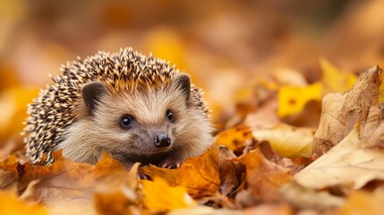 Hedgehog curled in defense, spines prominent amidst autumn leaves in a scenic park setting