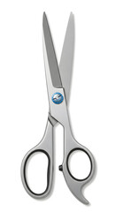 Close-up shot of a pair of shiny, silver scissors with open blades, ready for cutting.