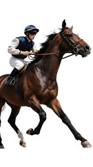 A jockey in racing attire is riding a galloping horse at high speed, showcasing equestrian sport.