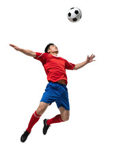 A male soccer player in mid-air, jumping to head the ball, showcasing athleticism and sports action.
