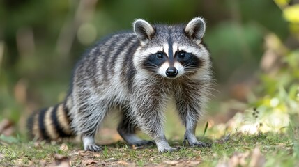Fototapeta premium Wild north american raccoon features distinct bandit mask and striped tail in natural habitat