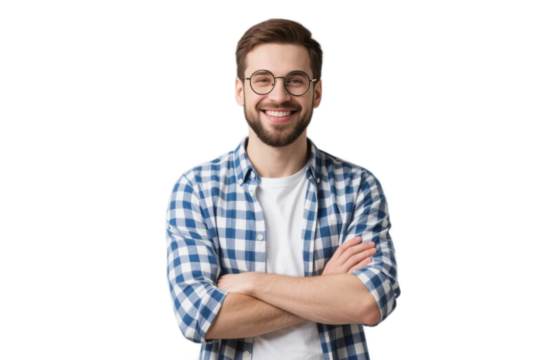 A confident young man with crossed arms, wearing a casual checkered shirt and smiling, exuding a positive and friendly vibe.