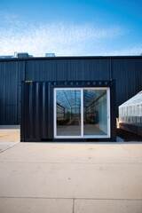 A beautifully designed container greenhouse featuring a spacious glass door is situated close to an agricultural facility, basking in the warmth of a sunny day