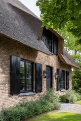 Fototapeta premium Charming thatched-roof house surrounded by green foliage on a serene afternoon in a quiet neighborhood, blending traditional style with modern touches
