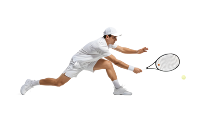Professional tennis player in white sportswear lunging to hit a tennis ball during a match on a white background