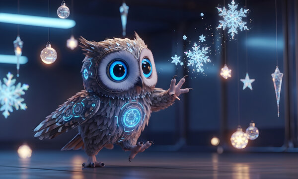 Whimsical robotic owl character with glowing blue eyes and circuitry details surrounded by festive snowflakes and shimmering lights