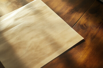 An A4 sheet of paper on a polished wooden desk, with diffused light highlighting the paper's texture and natural wood grains, perfect for customization. Generative AI