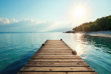 Obraz premium Tranquil scene of a wooden dock extending over calm water towards a peaceful shore, bathed in soft sunlight Perfect for travel, nature, and serenity themes , sea, harbor, travel