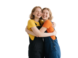 Two young women in casual clothes are hugging, showing happy and friendly expressions.