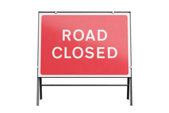 Road closed temporary rectangle road sign isolated, front view