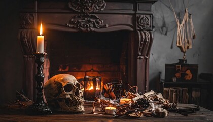 Halloween setup with skull and glowing candles. Ai generated