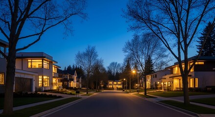 A modern suburban neighborhood street lined with designer homes and warm glowing windows, captured during blue hour.
