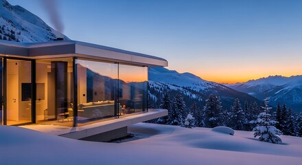 A mountain chalet with a modern twist, large glass walls, warm interior lighting, and snow gently reflecting twilight