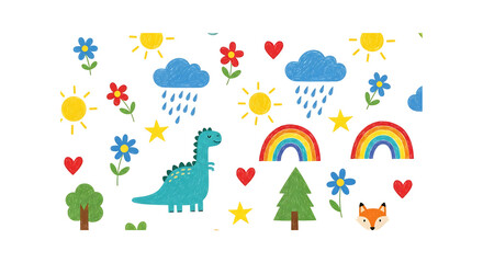 Fototapeta premium Childlike Cartoon Pattern Featuring Dinosaur Rainbow Sun Clouds and Flowers