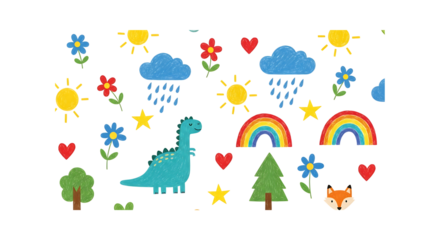 Childlike Cartoon Pattern Featuring Dinosaur Rainbow Sun Clouds and Flowers