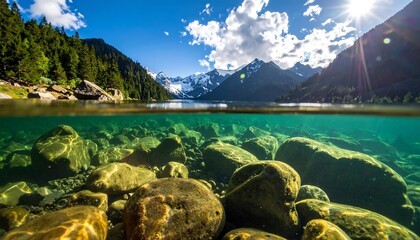 Divided scene Underwater view juxtaposed with mountain and sky landscape