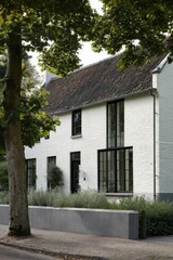 Obraz premium Modern white house with large windows, surrounded by greenery, located on a peaceful street in a quiet neighborhood during daytime