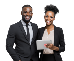 Black Millennial male and female businesspeople with digital tablet, isolated on white or transparent background