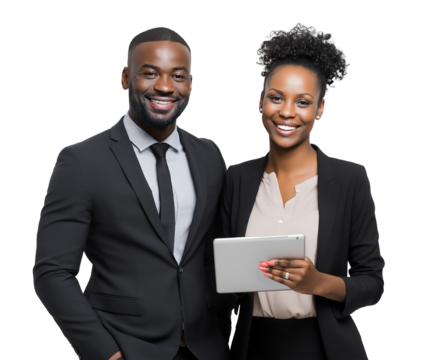 Black Millennial male and female businesspeople with digital tablet, isolated on white or transparent background
