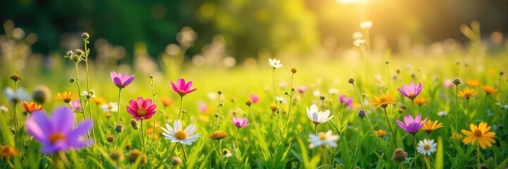 Fototapeta premium Vibrant wildflowers carpet a sun-drenched meadow, perfect for a springtime picnic or leisurely stroll Enjoy the fresh air and blooming beauty of the season , leisure, nature