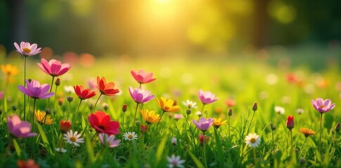 Vibrant wildflowers in full bloom across a lush green meadow bathed in the warm glow of spring sunlight Perfect for nature, spring, and environmental themes , pastoral, field, countryside