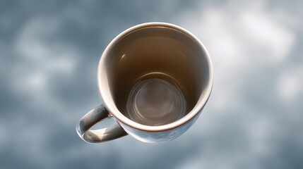 Ceramic coffee mug seen from below against cloudy sky with strong backlight, surreal floating effect in soft focus and minimal neutral tones for dreamy conceptual composition