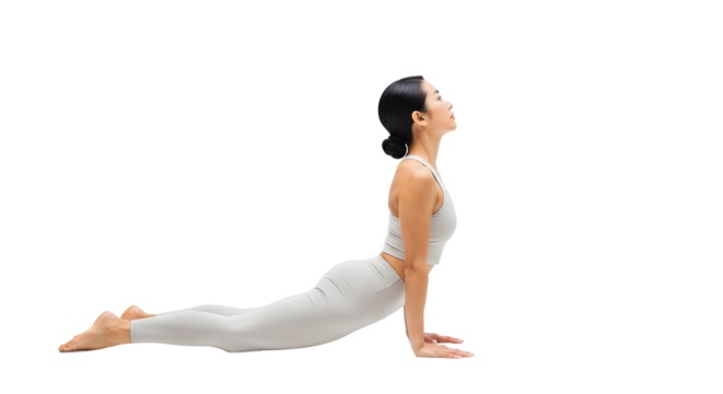 Dynamic Yoga Pose, Female Athlete, Studio Setting, Photograph, Minimalist Environment, Side View, Fitness Concept