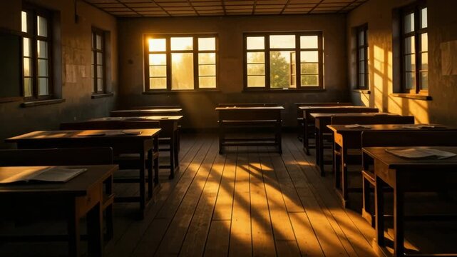 Golden hour sunlight streaming through classroom windows creates captivating shadows across empty desks. 4k Video footage