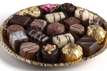 Assorted gourmet chocolate candies on a gold tray a delicious selection for gifts and special occasions perfect for dessert or indulgence