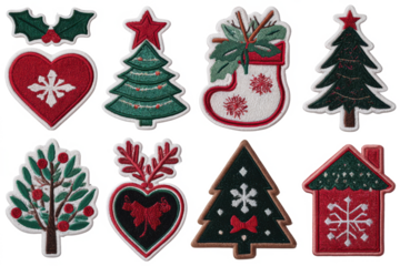 Set of embroidered Christmas patches festive holiday design elements for clothing and decorations isolated on white background
