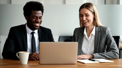 A diverse pair of business professionals, a man and a woman, share a laugh while looking at a laptop screen in a modern office setting - Powered by Adobe