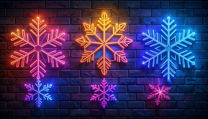 Neon snowflakes on a brick wall (5)