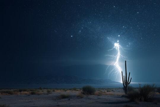Desert Lightning Striking Solitary Cactus Under Expansive Starry Night Sky, Dramatic Rare Natural Event, Storm Over Desert, Night Sky Photography, Lightning Strike, Cactus Landscape