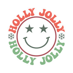 Circular Holly Jolly Smiley with Starry Eyes and Snowflakes in Retro Festive Christmas Colors