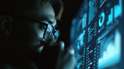 Focused data analyst working on futuristic digital screen - Powered by Adobe