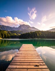 Dock extends into calm turquoise lake, with mountains and clouds in the background