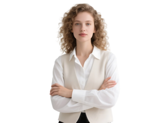 A professional woman with curly hair in formal attire stands with arms crossed, exuding confidence and professionalism.