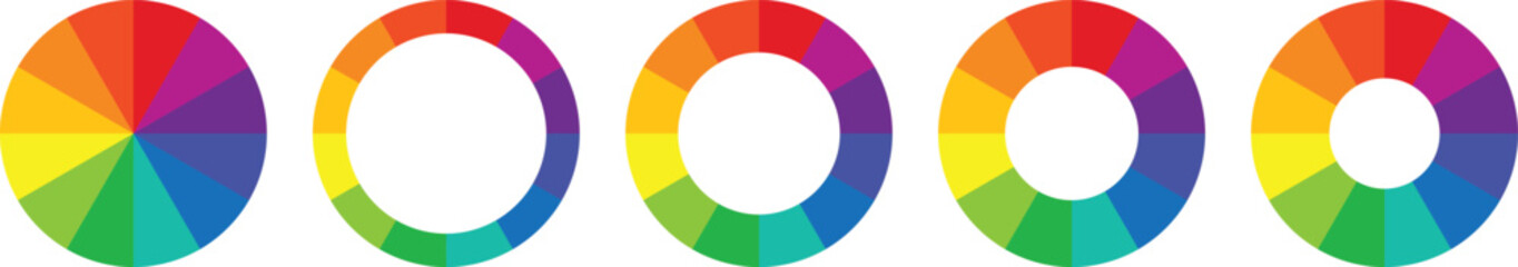 Obraz premium Various horizontally arranged circular color wheels and rings, representing the full spectrum of hues, used in design and art theory