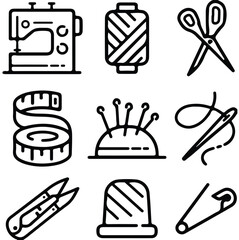 Sewing Tools Icons, Set Of Tailoring Equipment And Stitching Symbols For Fashion Design Craft Project Management And Textile Applications

