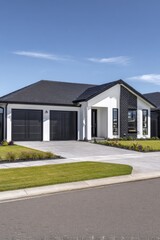 A contemporary house featuring a stylish design complemented by a generous driveway, nestled in a tranquil suburban community on a bright, sunny day
