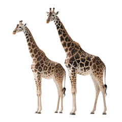 Fototapeta premium Two giraffes with distinctive patterns standing against a plain background, showcasing their unique physical traits.