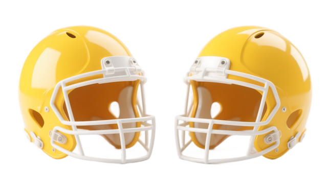 Two bright yellow American football helmets, essential sports equipment for protection in the game.