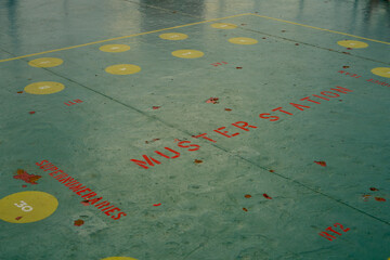 Muster station onboard a merchant ship at sea